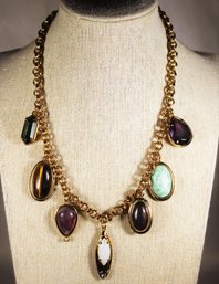 Vintage Gold Tone Jeweled Charm Necklace Glass Stones