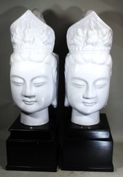 Pair Decorative Ceramic Asian Style Women's Busts On Wood Stands Contemporary