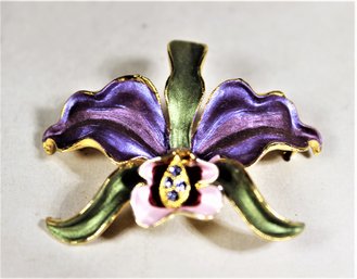 Light Enamel Rhinestone Gold Tone Orchid Brooch Pin