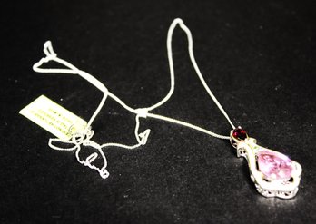 Fine Pink Tourmaline Gemstone Sterling Silver Pendant On 20' Long Sterling Silver Chain Necklace