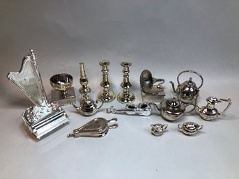 Large Group Of Highly Polished Silver Plated Miniature Items - Fifteen (15) Pieces Total - Very Unusual Lot