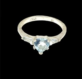 Vintage Sterling Silver Heart Shaped Light Blue Topaz Color Ring, Size 6