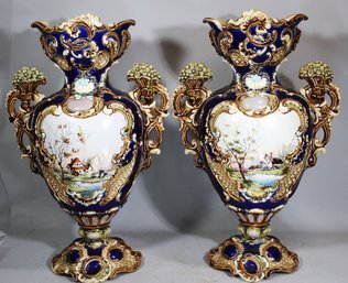 Pair Large Mantle Cases Continental Majolica VERY DAMAGED