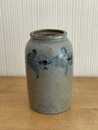 Vintage Pottery Crock Blue Leaves Tall