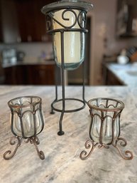 Trio Of Wrought Iron And Glass Candle Holders