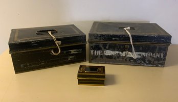 2 Antique Cash Boxes With Keys & Small Box (D)