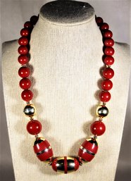 1980s Vintage Red And Gold Colored Plastic Deco Revival Beaded Necklace