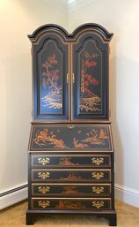 Lillian August - Breakfront Drop Tablet 3 Drawer Secretary In Satin Black With Vibrant Asian Motif