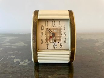Mid Century Westclox Travalarm Spring Driven Alarm Clock In Cream Colored Molded Case