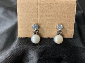Aquamarine And Pearl Sterling Silver Dangling Earrings