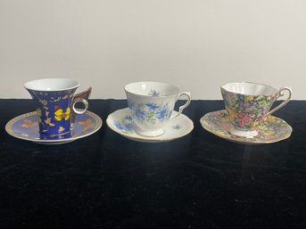 Set Of Three Fine Bone China Teacups With Saucers
