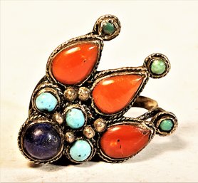 Ethnographic Slide Or Ring Sterling Silver  Coral And Turquoise And Lapis