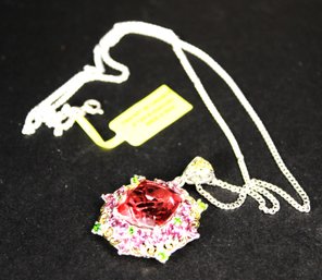 20' Long Fine Sterling Silver Chain Having Large Pink Tourmaline Stone Pendant In Sterling Silverq