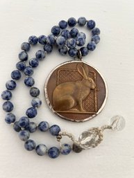 Artisan Hand Crafted  Bronze Rabbit Motif Disc Pendant On Hand Beaded  Stone Necklace 20' L  2' Round Disc