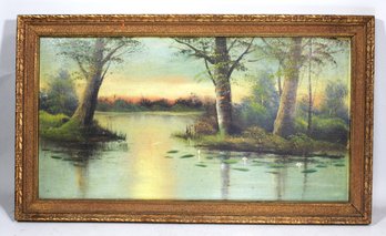 Antique Oil Painting On Artist's Board Landscape Having Water Lilies