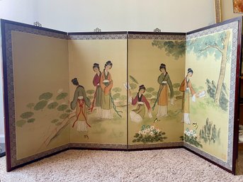 Beautifully Painted Asian Ladies Four Panel Folding Screen Wall Hanging