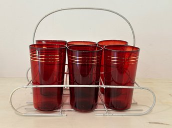 Vintage MCM Anchor Hocking Royal Ruby Collins Cocktail Glasses, Set Of 6  With Holder