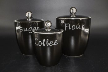 Set Of 3 Black Ceramic Containers With Stainless Steel Top