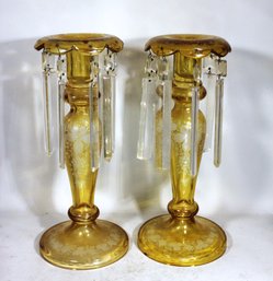 Fine Pair Of Antique Mantle Lusters Candlestick Holders Cut Glass W Prisms