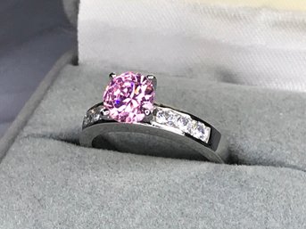Fabulous Brand New Sterling Silver / 925 Ring With Pink Tourmaline And Sparkling White Topaz - Very Nice !