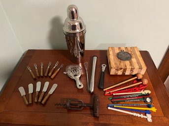 Bar Essentials Including Cocktail Shaker And Collectible Swizzle Sticks