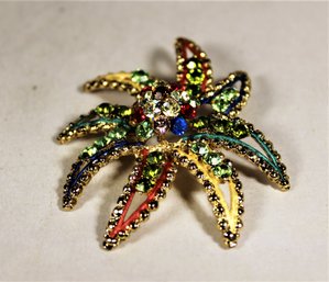 Contemporary Multi Colored Rhinestone Gold Tone Brooch Floral Form