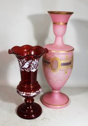 Two Victorian Glass Vases Having Enamel Decoration Pigeon's Blood And Pink Opaline