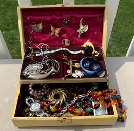 Vintage Jewelry Box Full Of Jewelry ~ Watches, Pins, Necklaces & More ~