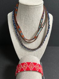 3 Pc Lot Of Hand Crafted Sewn Leather & Beaded Designer Chan Luu Necklaces & Bracelet 1990's Vintage