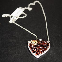 Fine Sterling Silver Necklace 16' Long Chain Having Heart Shaped Pendant W Garnets