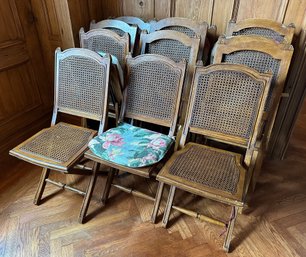 13 Vintage Caned Solid Wood Folding Chairs, Some With Cushions