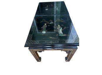 Pair Of Hollywood Regency Black And Gold Chinoiserie Glass Top End Tables