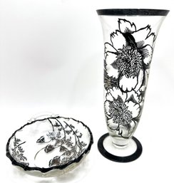 Vintage Glass Bowl & Vase With Silver Overlay