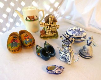 Dutch Theme Lot Of Shoes, Ceramics, Pitcher & Windmill