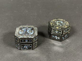 A Pair Of Tiny Black Lacquer & Mother-of-Pearl Trinket Boxes