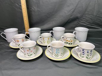 6 Hand Painted Floral Cappuccino Cups And Saucers Portugal And 4 White Basket Weave Cups