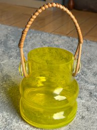 Vintage NEON YELLOW Art Glass Vase With Rattan Handle