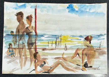 An Original Vintage Watercolor On Paper, Unframed - NY Beach Scene C. 1960's, Lew Groag