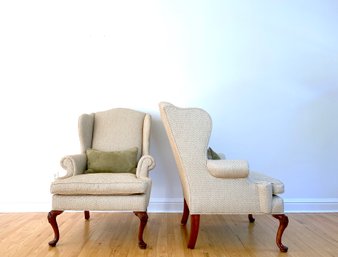 Upholstered Wingback Chairs On Cabriole Front Legs With Arhaus Down Throw Pillows