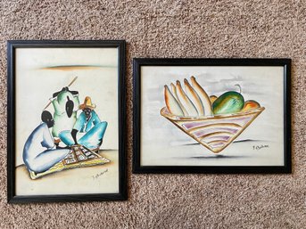 Two Custom Framed African Fabric Paintings, Signed