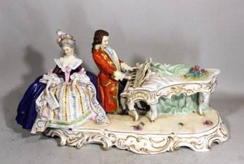 Large Dresden Sitzendorf Porcelain Figurine Piano Player And Woman In Large Dress