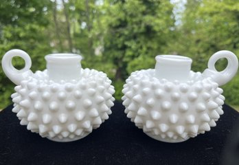 Fenton Hobnail Milk Glass Candle Holder Pair