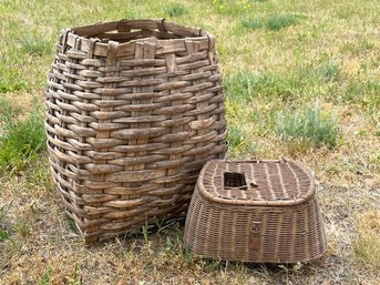 An Antique Fishing Creel And Basket