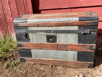 Antique Wood And Tin Storage Trunk