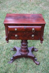 American Empire Paw Foot 1890s Mahogany Two Drawer Sewing Or End Table, Nightstand