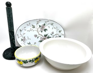 Large Pfaltzgraff Miixing Bowl, Marble Paper Towel Holder, Noritake Platter & Flowered Bowl