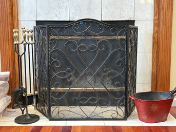 A Wrought Iron And Brass Fireplace Assembly - Screen, Tools, And Coal Scuttle