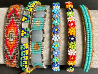 VTG Lot Of 6  Vietnemese Designer Chan Luu Handcrafted & Sewn Leather And Beaded Bracelets