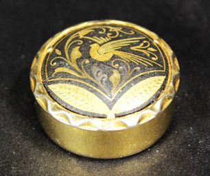 Made In Spain Vintage Gilt Brass Damascene Round Pill Box Having Bird Decoration