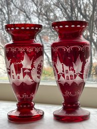 Pair Of Vintage Etched Ruby Glass Vases. 6 3/4' Tall.